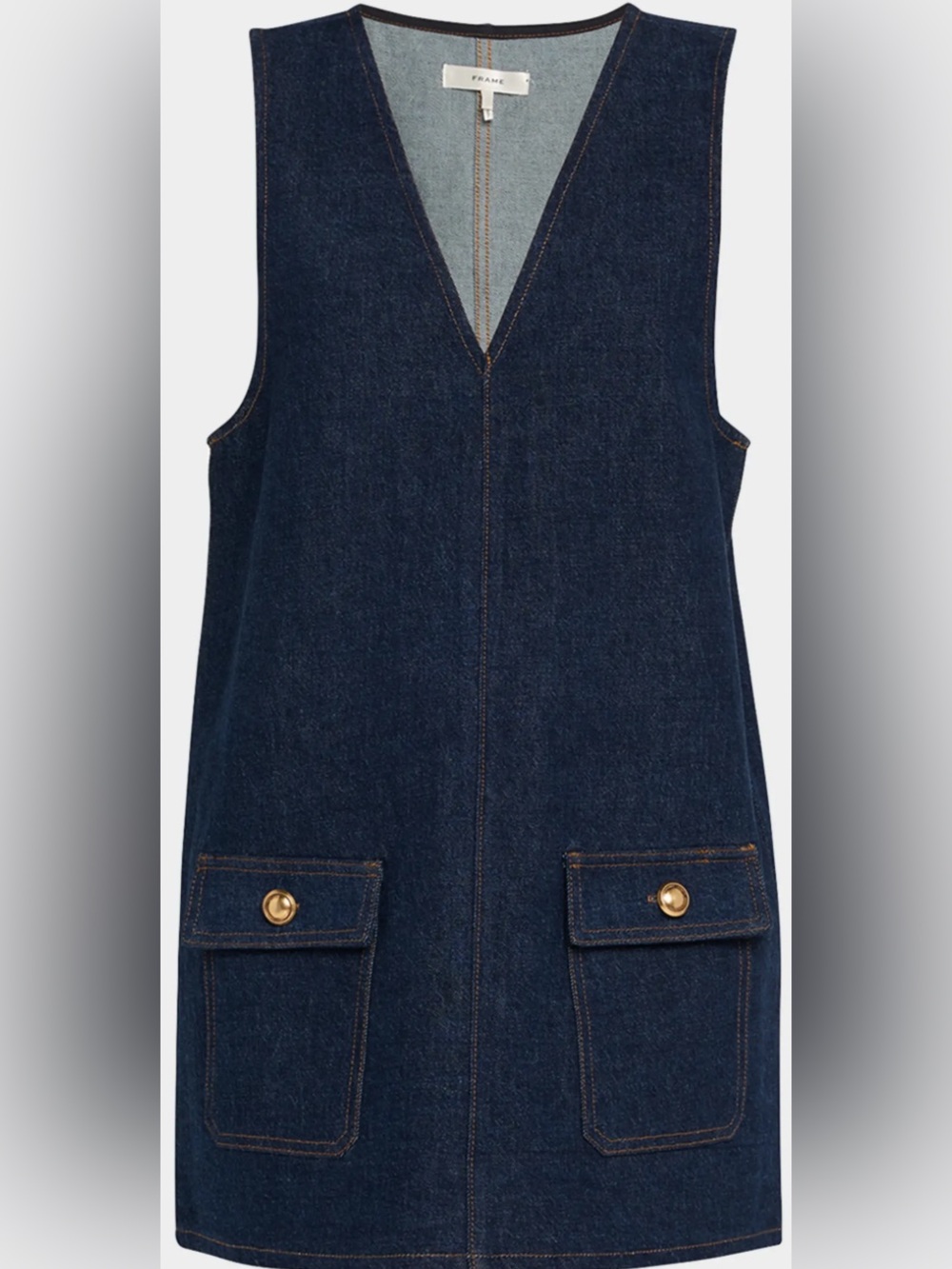 Frame Pinafore Dark Blue Denim Shift Dress with Front Pockets, Fits Size S & XS